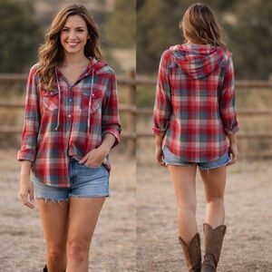 Wrangler Retro Red Plaid Hooded Button Shirt Women’s-L Western Flannel